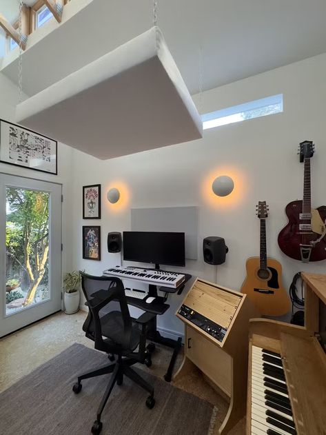 Photo 7 of 9 in A Creative Couple Give a Los Angeles Midcentury a Backyard Recording Studio - Dwell Bright Home Office, Office Music Room, Office Music, Home Music Rooms, Bright Home, Studio Shed, Backyard Cottage, California Bungalow, Recording Studio Design