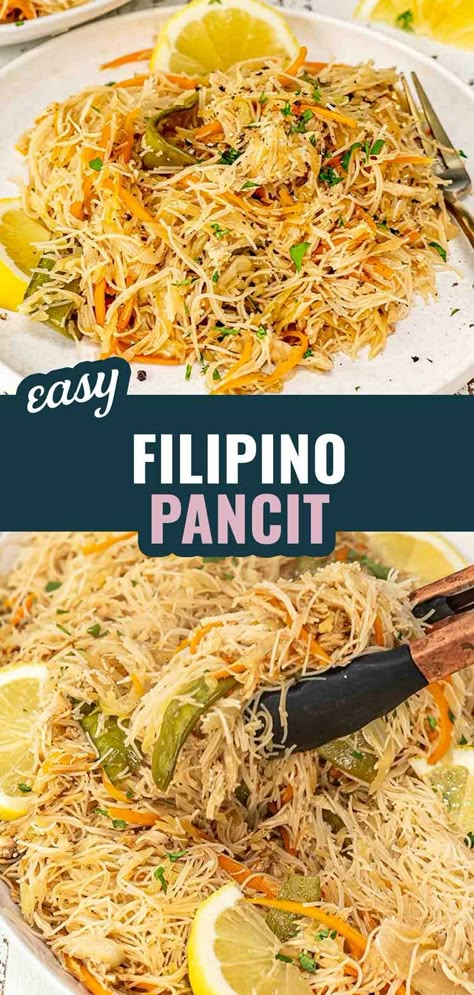 Bring the vibrant flavors of the Philippines to your kitchen with this easy Filipino Pancit! 🍜 Tender rice noodles stir-fried with chicken and fresh veggies in a savory sauce. Ready in just 35 minutes! #FilipinoPancit #NoodleStirFry Pancit Noodles Filipino Recipes, Pancit Recipe Filipino Dishes, Filipino Rice Noodle Recipes, Quick And Easy Pancit, Pan Set Noodles, Filipino Noodles Pancit Recipe, Filipino Recipes Pancit, Pansit With Chicken, Vegetable Pancit Recipe Filipino