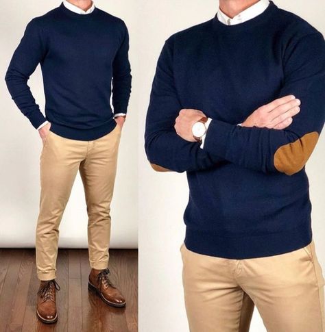 casual outfit. Chris Mehan, Khaki Boots, Patch Crewneck, Sweater Outfits Men, Patch Sweater, Mens Business Casual Outfits, Elbow Patch Sweater, Mens Fashion Sweaters, Formal Men Outfit