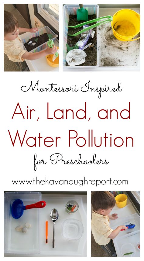 Montessori inspired trays to explore air pollution, water pollution and land pollution for preschoolers. Pollution Craft, Land Pollution, Pollution Activities, Craft Ideas For Toddlers, Recycling Activities, Earth Day Activities, Water Pollution, Kindergarten Science, Science Units