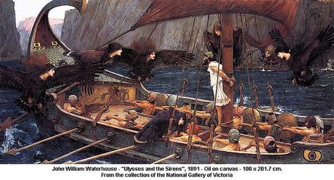 John William Waterhouse - "Ulysses and the Sirens", 1891 by artimageslibrary, via Flickr Odysseus And The Sirens, Greek Mythological Creatures, Waterhouse Paintings, John Waterhouse, Homer Odyssey, John William Godward, Pre Raphaelite Brotherhood, Navi A Vela, Pre Raphaelite Art