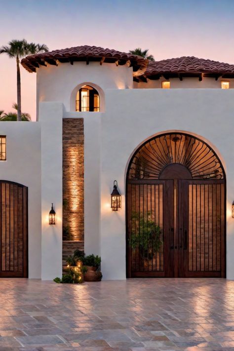 Mediterranean-style house with stucco walls, arched wooden door, and tile roof at dusk. Houses In Mexico Modern, Mexican Style Architecture, Rich Mexican House, Spanish Modern Farmhouse, Terracota House Interior, Homes In Guatemala, Mexico Houses Mexican Style Exterior, Houses Aesthetic Interior Design, Mexico House Aesthetic