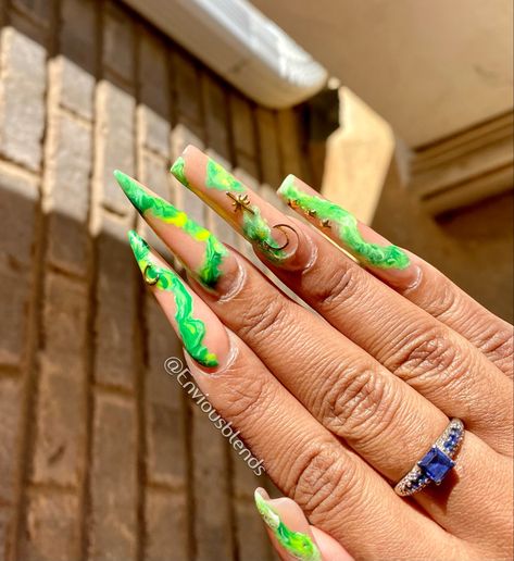 Yellow And White Marble Nails, Green Marble Nails Acrylic, Orange And Green Marble Nails, Green Long Nails, Green Marble Ombre Nails, Lime Green Marble Nails, Green Marble Nails, Nails Marble, Girls Nail Designs