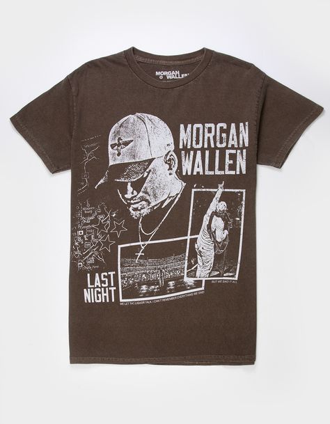 Morgan Wallen Last Night Tee. Large Graphic Screened On Front. Garment Dyed For Distressed Look. Crew Neck. Short Sleeve. 100% Cotton. Machine Wash. Imported. Country Music Merch, Cool Tees Graphics, Trendy Tee Shirts, Morgan Wallen Clothes, Winter Graphic Tees, Cute Country Clothes, Morgan Wallen Merch, Styling Graphic Tees Outfits, Morgan Wallen Jersey