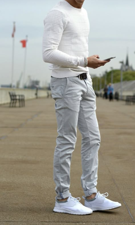 White Shirt, A Man, Grey, Pants, White, Trousers