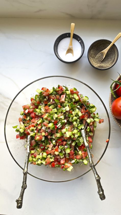 Very Easy Shirazi Salad - Cooking with Zahra Sherazi Salad, Persian Salad, Persian Dishes, Shirazi Salad, Iranian Dishes, Small Cucumber, Persian Cucumber, Small Tomatoes, Canning Tomatoes