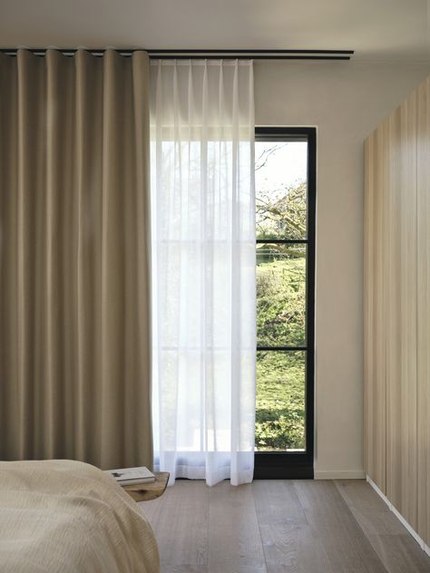 Curtains by Silent Gliss Silent Gliss Wave, Black Window Frames With Curtains, Bifold Door Blinds Curtains, Sliding Doors Curtains Ideas, Den Curtains, Long Curtains Bedroom, Angled Bedroom, Sutton Park, Black Window Frames