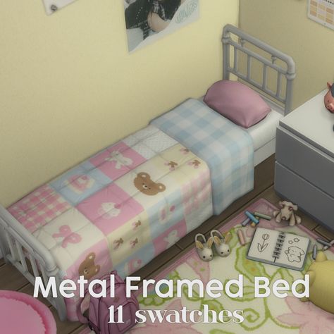 METAL FRAMED BED - RECOLOR౨ৎ ⋆｡˚ quick recolors I almost forgot to put out. if there's any issues let me know :) 11 swatches base game download (sfs) + CD'S 28 swatches in clutter section Req… Sims 4 Cc Coloring, Sims 4 Cheap Furniture Cc, Ts4 Beds Cc, Dorm Cc Sims 4, Sims 4 Cute Clutter, Sims 4 Clutter Cc Bedroom, Kpop Sims 4 Cc Furniture, Bed Frame Sims 4 Cc, Sims 4 Get Famous