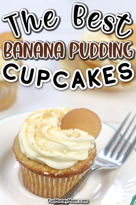 These banana pudding cupcakes turns a classic banana pudding dessert into delicious cupcakes. Bursting with flavor, these banana cupcakes will be a big hit! Banana Pudding Cupcakes Easy, Banana Pudding Cupcakes Cake Mixes, Banana Pudding Muffins, Banana Pudding Cake Easy, Banana Pudding Cupcakes Recipe, Banana Cupcakes Easy, Banana Pudding Cupcake, Banana Cupcake Recipe, Banana Pudding Cake Recipe