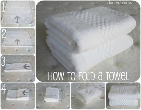 How to Fold a Towel (Duo Ventures) Fold A Towel, Konmari Folding, Closet Room Organizer, Fold Towels, Organizing Linens, Folding Towels, Hotel Linen, Diy Towels, How To Fold Towels