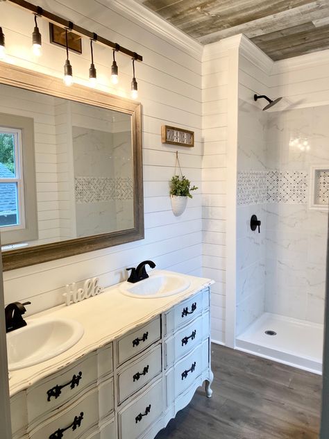 Mirror On Shiplap Wall, Different Color Shiplap Walls, Shiplap Wall And Ceiling Bathroom, Plank Walls Bathroom, Wood Shiplap Ceiling Bathroom, Full Shiplap Bathroom, Wood Laminate In Bathroom, Restroom Shiplap, Bathroom Shiplap Wall Ideas