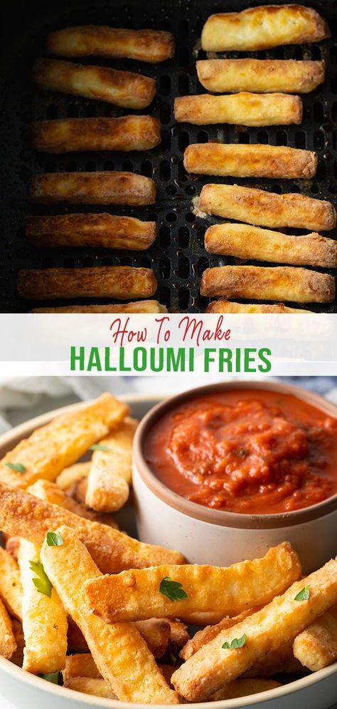 Learn how to make the best crispy on the outside and melty on the inside halloumi fries! Halloumi Sticks, Halloumi Meals, Haloumi Recipes Air Fryer, Halloumi Appetizer, Halumi Cheese Air Fryer, Halloumi Recipes Dinner, Halloumi Recipes Air Fryer, Keto Halloumi Recipes, Halloumi Cheese