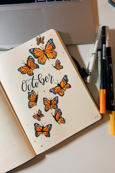 monarch butterfly themed cover page for my bullet journal! Butterfly Bullet Journal, Bullet Journal Month, Bullet Journal Page, Bullet Journal 2020, Bullet Journal Banner, Bullet Journal Cover Page, Bullet Journal Cover Ideas, Bullet Journal Paper, Bullet Journal Mood