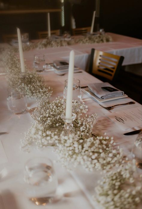 Baby’s Breath Flowers Table, Babies Breath Bud Vases Wedding, Glass Candlestick Holders Wedding, Candlestick Wedding Table, Simple White Decor Wedding, Babysbreath Garland Table, Simple Diy Wedding Table Decor, Baby's Breath Wedding Table Decor, Babys Breath And Candles Centerpiece