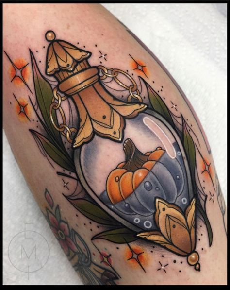 Birthday Tattoos, Halloween Tattoo Ideas, Spooky Birthday, Neo Tattoo, Lantern Tattoo, Pumpkin Tattoo, Bottle Tattoo, Witch Tattoo, Spooky Tattoos