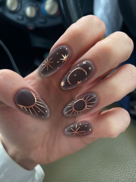 Esoteric Nail Art, Square Celestial Nails, Tarot Card Inspired Nails, Dark Academia Nail Ideas, Moon And Star Nail Art, Eclipse Nail Ideas, Nail Moon Designs, Solar Eclipse Nail Art, Evil Eye Nails Acrylic