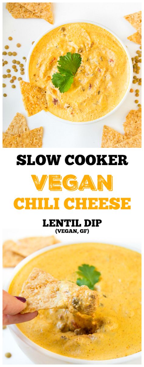 The perfect plant-based snack for Super Bowl Sunday - this Slow Cooker Vegan Chili Cheese Lentil Dip is full of spicy chili flavor and a delicious and satisfying meaty texture. Lentil Dip Recipe, Slow Cooker Vegan Chili, Lentil Dip, Slow Cooker Vegan, Chili Cheese Dip, Lentils Vegan, Chili Cheese Dips, Vegan Dip, Delicious Appetizer Recipes