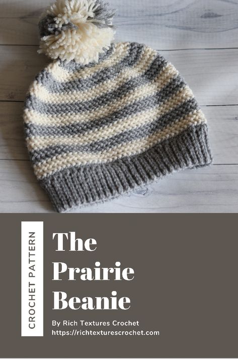 A Grey and white striped crochet beanie Stripe Beanie Crochet, Two Color Beanie Crochet Pattern, Crochet Hat Stripes, Crochet Striped Hat, Quick Crochet Beanie, Striped Crochet Beanie, Easy Crochet Beanie Pattern Free, Free Crochet Beanie Pattern, Double Crochet Beanie Pattern