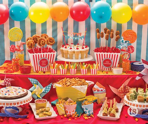 Come one, come all for a carnival-inspired birthday party menu perfect for kids of all ages. Carnival Birthday Theme, Circus Themed Birthday Party, Dumbo Birthday Party, Food On A Stick, Party Food Menu, Birthday Party Menu, Circus Birthday Party Theme, Theme Carnaval, Carnival Birthday Party Theme