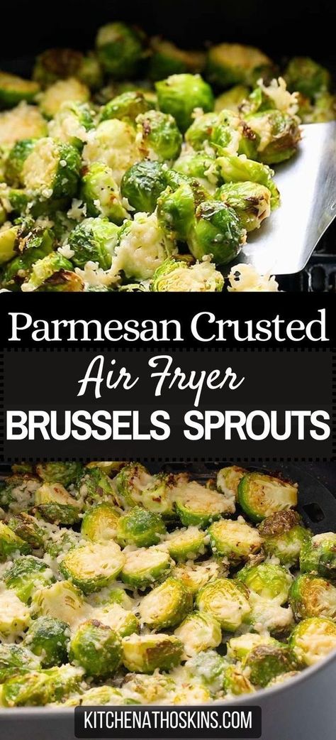 Learn how to make parmesan crusted brussels sprouts in air fryer that is easy, made without bacon and makes an addictive air fryer side dish for weeknight dinner or even for Thanksgiving. Get the air fryer brussels sprouts recipe with parmesan at kitchenathoskins.com Brussels Sprouts In Air Fryer, Brussel Sprouts Recipes Easy, Air Fryer Brussels Sprouts, Air Fryer Recipes Keto, Easy Veggie Side Dish, Fried Brussel Sprouts, Pork Chop Recipes Baked, Sprouts Recipe, Sprout Recipes