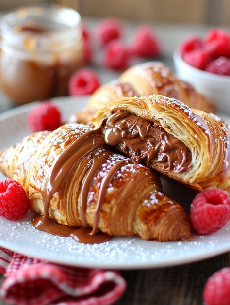 🍫 Ingredients 🍫 4 croissants 1 cup of Nutella 1/4 cup caramel sauce 2 tablespoons powdered sugar Fresh raspberries (optional, for garnish) Preheat oven to 350°F (175°C). Cut each croissant in half horizontally. Spread a generous amount of Nutella inside each croissant. Place the croissants on a baking sheet and bake for 5-7 minutes until hot and slightly crispy. Drizzle caramel sauce over the top of each croissant. Dust with powdered sugar and decorate with fresh raspberries if desired. Croissant With Nutella, Croissant Recipe Dessert, Glazed Croissants, Croissant With Chocolate, Croissants Aesthetic, Toasted Croissant, Caramel Croissant, Croissant Nutella, Filled Croissants