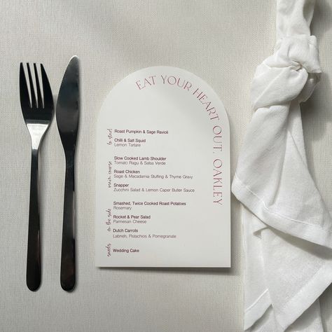 Menu & place card wrapped up in a pretty little arch, so versatile. Personalise every corner of your wedding stationery from colours and shapes to wording and fonts, true to who you are as a couple. #weddingmenu #weddingplacecard #archweddingmenu #personalisedweddingmenu #weddingstationery #weddingstyling #menuplacecard Menu Place Setting, Pomegranate Wedding, Rosemary Roasted Potatoes, White Arch, Zucchini Salad, Lamb Shoulder, Slow Cooked Lamb, Pear Salad, Roast Potatoes