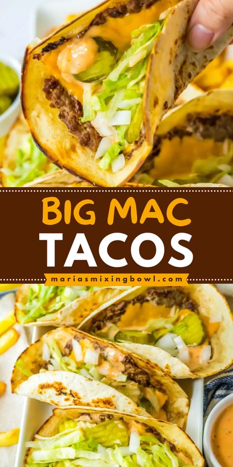 Looking for busy weeknight dinners? Learn how to make Big Mac Tacos! Loaded with cheese, lettuce, onions, pickles, and Thousand Island dressing, this beef taco recipe is delicious. Plus, you're just 30 minutes away from this quick and easy meal for tonight! Quick And Easy Dinner Recipes Low Carb Weeknight Meals, Taco Big Mac, Big Mac Tacos Recipe, Big Mac Bowl, Mac Recipes, Beef Taco Recipe, Big Mac Tacos, Mac Tacos, Taco Mac