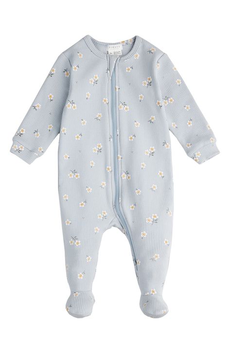 Mini daisies dot supersoft ribbed organic-cotton footie pajamas made with a handy two-way zipper. This item is designed to fit snugly, as it is not flame-resistant Two-way front-zip closure with chin guard 95% organic cotton, 5% elastane Machine wash, tumble dry Imported Blue Baby Clothes, Mini Daisies, Baby Girl Clothes Newborn, Baby Footie Pajamas, Baby First Outfit, Newborn Girl Clothes, Organic Cotton Baby Clothes, Cotton Baby Clothes, Hippie Baby