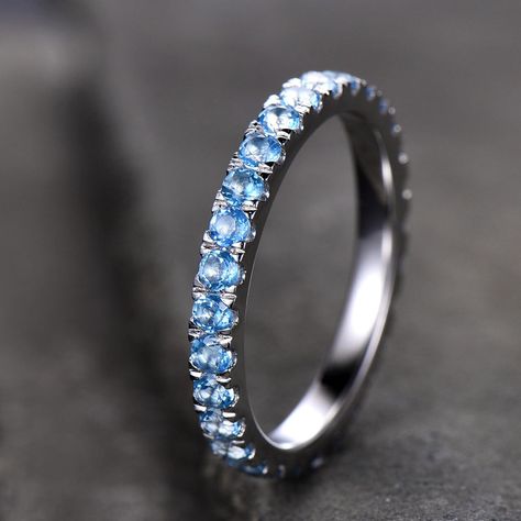 Eternity Band Blue Topaz Wedding Band Topaz Ring Aniversary Ring Sterling Silver Stacking Ring White Gold Plated - BBBGEM Blue Topaz Wedding Band, Topaz Wedding Ring, Gemstone Wedding, Blue Gemstone Rings, Sterling Silver Stacking Rings, Handmade Engagement Rings, Topaz Engagement Ring, Ring White Gold, Half Eternity Ring