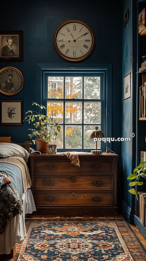 Vintage Apartment Decor, Wooden Bed Frame Rustic, Blue Bedroom Walls, Dark Blue Bedrooms, Bedroom Color Combination, Dark Blue Walls, Sage Green Bedroom, Apartment Bedroom Decor, Serene Bedroom