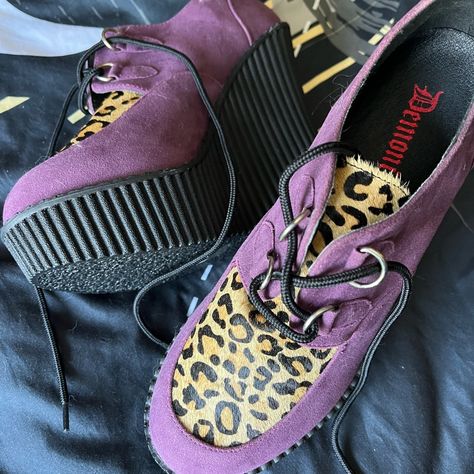 Brand New Demonia Platform Booties Purple And Leopard Print. Comes With Original Box Demonia Platforms, Demonia Boots, Goth Shoes, Clawdeen Wolf, Demonia Shoes, Vegan Leather Boots, Oc Inspo, Cosmic Art, Black Platform Boots