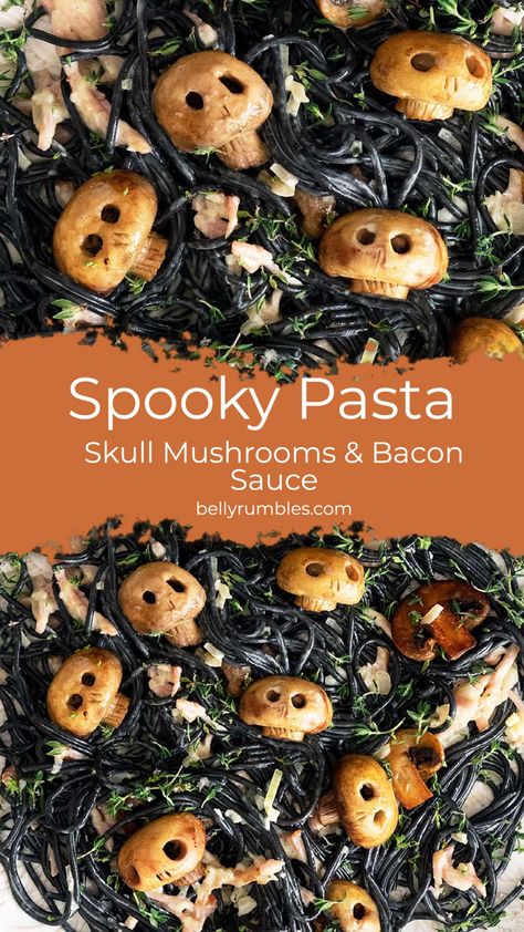 Halloween Squid Ink Pasta, Black Pasta Recipe Halloween, Stuffed Mushrooms Halloween, Halloween Meatloaf Face, Black Noodles Halloween, Squid Ink Pasta Halloween, Spagetti Halloween, Spooky Halloween Dinner Party, Black Pasta Halloween