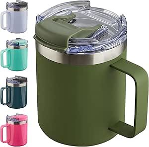 ALOUFEA 12oz Insulated Coffee Mug Cup with Handle, Stainless Steel Travel Coffee Mug with Flip Lid, Double Wall Vacuum Coffee Tumbler, ArmyGreen Stainless Steel Coffee Mugs, Single Serve Coffee Makers, Insulated Coffee Mugs, Soup Mugs, Travel Coffee Mugs, Coffee Tumbler, Travel Coffee Mug, Starbucks Cups, Car Cup Holder