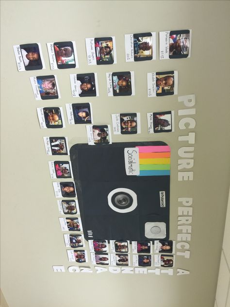 Polaroid bulletin board! Polaroid Display Ideas Classroom, Classroom Polaroid Ideas, Bulletin Board Polaroid, Camera Bulletin Board, Polaroid Bulletin Board Ideas, Camera Bulletin Board Ideas, Polaroid Classroom Ideas, Polaroid Wall Classroom, Memory Bulletin Board