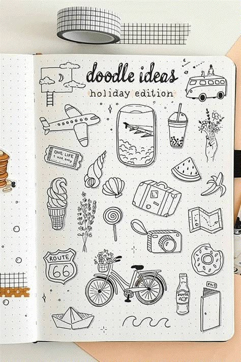 22 Creative Summer Bullet Journal Doodles To Try Travel Bullet Journal, Travel Doodles, Journal Ideas Templates, Doodles Ideas, Bujo Doodles, Arte Doodle, Travel Journal Scrapbook, Bullet Journal Ideas Templates, Bullet Journal Mood Tracker Ideas