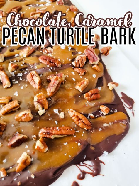 This Pecan Turtle Bark is so decadent and easy to make starring the best component of turtle candies: chocolate, pecans, and caramel: the perfect combination. Turtle Desserts Easy, Toffee And Chocolate Bark, Rolo Pecan Turtles, Cuban Lunch Chocolates, Pecan Caramel Turtle Candy Bars, Caramel Pecan Pretzel Bars, Carmel Bit Desserts, Carmel Chocolate Pecan Clusters, Turtle Bark Recipe Caramel Pecan