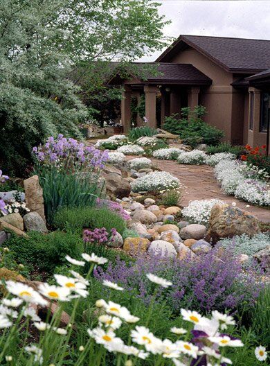 Colorado Landscaping, Xeriscape Front Yard, Hill Landscaping, Xeriscape Landscaping, Landscaping On A Hill, Hillside Landscaping, Front Yard Design, Landscape Maintenance, Rock Garden Landscaping