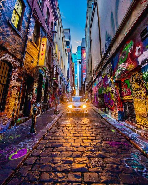 Melbourne Australia on Instagram: “Shiny Cobblestone Streets of Hosier Lane #Melbourne 🎨☀️” Street Art Melbourne, Hosier Lane, Mustang Sally, Cobblestone Streets, City Street, Melbourne Australia, City Streets, Kitchen Wall, Shopping Mall