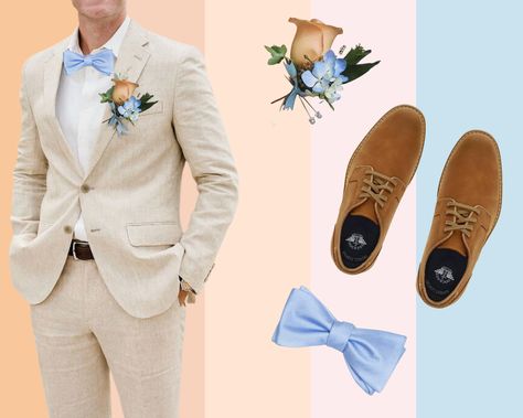 Light tan suits, brown dreas shoes, sky blue bow ties Tan And Navy Suits For Wedding, Tan Suit Light Blue Tie, Tan Suit With Light Blue Tie, Tan Tuxedo Wedding, Khaki Groomsmen, Tan Groomsmen Suits, Tan Groomsmen, Tan Suit Wedding, Tan Tuxedo