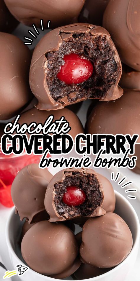 Chocolate Covered Cherry Brownie Bombs Chocolate Covered Cherries Recipe, Whipped Chocolate Frosting, Cherry Brownies, Chocolate Covered Cherry, Easy Candy Recipes, Cherry Desserts, Chocolate Covered Treats, Chocolate Covered Cherries, Candy Recipes Homemade