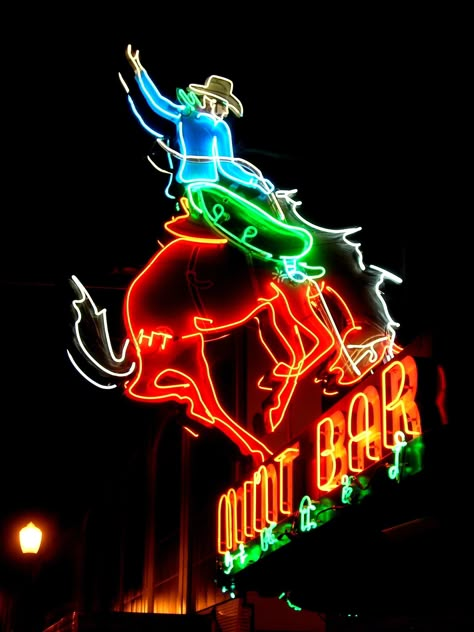 Neon Cowboy, Sheridan, Wyoming | The Mint Bar sign in Sherid… | Flickr Western Neon Signs, American Neon, Neon Cowboy, Old Neon Signs, Neon Graffiti, Cowboys Sign, Sheridan Wyoming, Googie Architecture, Neon Signage