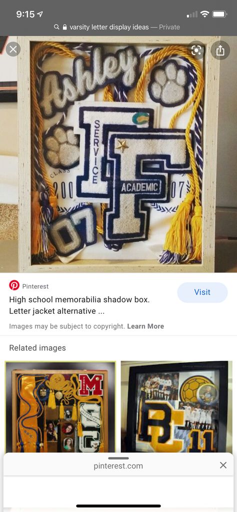 How To Display High School Letter, Varsity Letter Display Ideas, Varsity Letter Shadow Box Ideas, Varsity Letter Ideas, Letterman Jacket Patches, Graduation Display, Graduation Letter, Patches Display, Senior Graduation Party