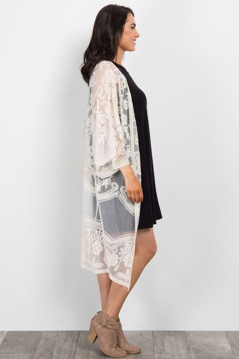 Cream lace long kimono White Lace Cardigan Outfit, Lace Cardigan Outfit, Lace Kimono Outfit, Cardigan Outfit Fall, White Lace Cardigan, White Lace Kimono, Cardigan Fall Outfit, Work Dress Code, Kimono Outfit