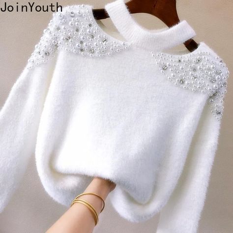 Nigikala Sweet Pullovers 2022 Women Clothing Heavy Beading Sexy Off Shoulder Knitwear Sweater Tops Pull Femme Fashion Jumper Velvet Sweater, Long Sleeve Evening Gowns, Knitwear Sweater, Winter Knit Sweater, Beaded Sweater, Sweater Tops, Long Sleeve Sweater, Women Clothing