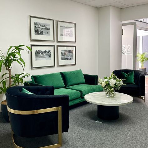 Our lounge is the perfect spot for your next photoshoot! Green Velvet Couch, Velvet Couch, Office Inspiration, Green Velvet, Work Space, Sectional Couch, Sectional, Lounge, Couch