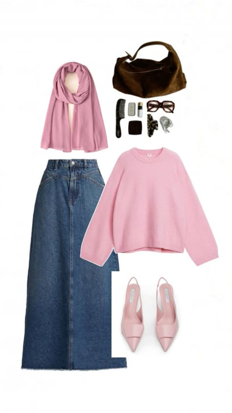 Pink sweater, jean skirt , outfit Modest Jean Skirt Outfits, Jean Skirt Outfit, Modest Hijabi Outfits, Jean Skirt Outfits, Hijabi Outfit, Modesty Outfits, Cute Modest Outfits, Skirt Outfit, Jean Skirt