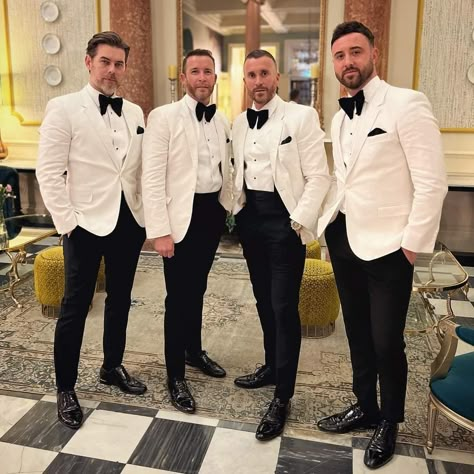 Gatsby Tuxedo, Festive White Formal Tuxedo, White Tux Jacket Black Pants Groom, White Tuxedo Three-piece Suit For Party, White Tuxedo Three-piece Suit, Ivory Tux, Classic White Tuxedo For Black-tie Events, Dinner Jacket Wedding, Suits For Guys