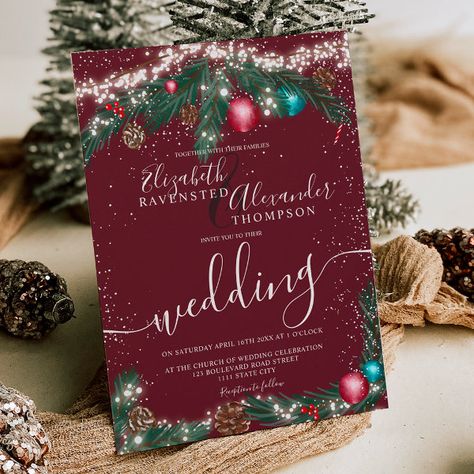 Festive Christmas lights pine branch snow wedding Invitation Pine Cone Watercolor, Green Christmas Wedding, Snow Wedding Invitations, Christmas Wedding Themes, Dyi Wedding, String Fairy Lights, Christmas Wedding Invitations, Snow Wedding, Winter Wedding Invitations