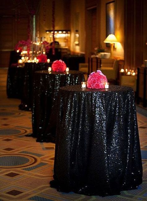 Wedding reception cocktail table decor ideas Wedding Cocktail Tables, Cocktail Table Decor, Flyer Inspiration, Black Tablecloth, Sequin Table, Sequin Tablecloth, Ship Wedding, Hollywood Party, Masquerade Ball