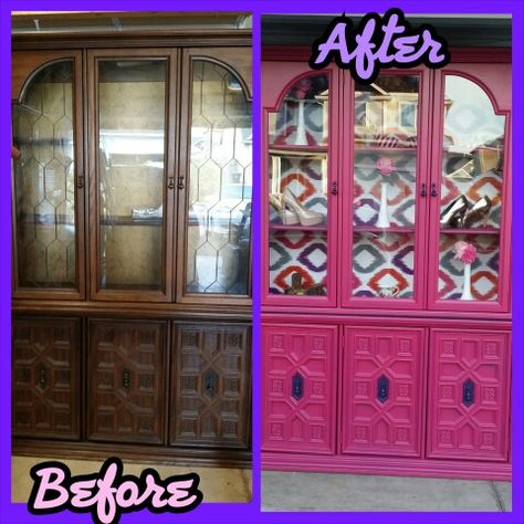 Hot Pink Farmhouse Decor, Pink China Cabinet, Hot Pink Furniture, Pink Painted Furniture, Cabinet Vintage, Colourful Living Room Decor, Pink China, Funny Home Decor, Furniture Flipping